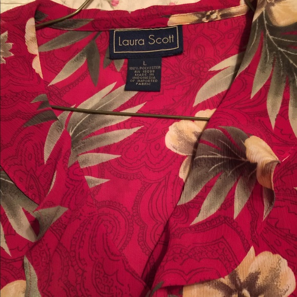 Red floral print button up top - Picture 3 of 3